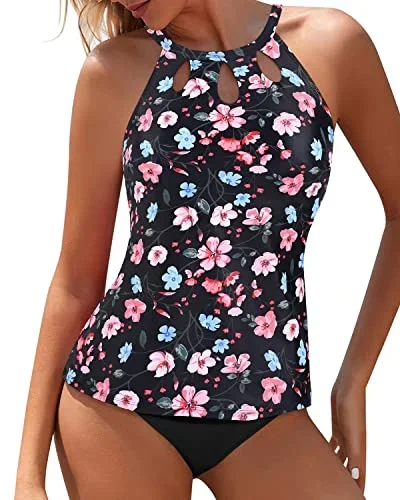 Long Torso Friendly High Waisted Tankini Set For Women-Black And Pink Floral