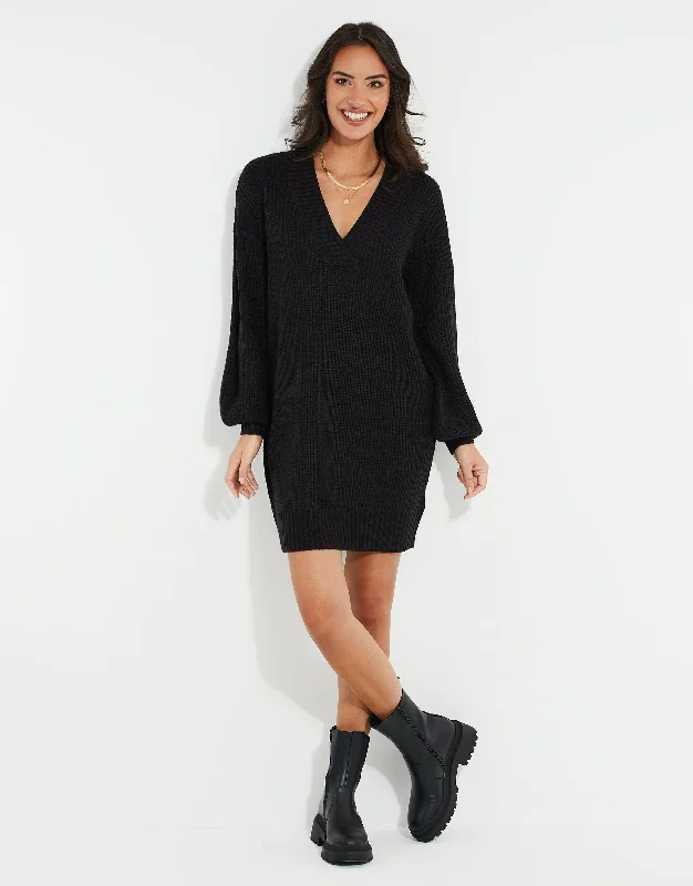 womens-petite-black-knitted-sweater-ladies-jumper-dress-tbla08014