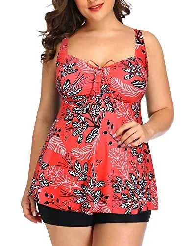 Women's Buckle At Back Plus Size Tankini Swimsuits 2 Piece Swimwear-Red Floral